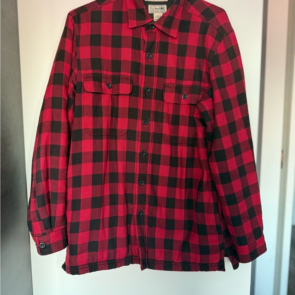 L.L. Bean Vintage Sherpa Fleece lined Red and Black Plaid Jacket 100 cotton - Picture 5 of 7